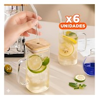 Pack6 Taza para Bebidas 350 ml de Vidrio con Asa Tapa Y+Regalo Sticker